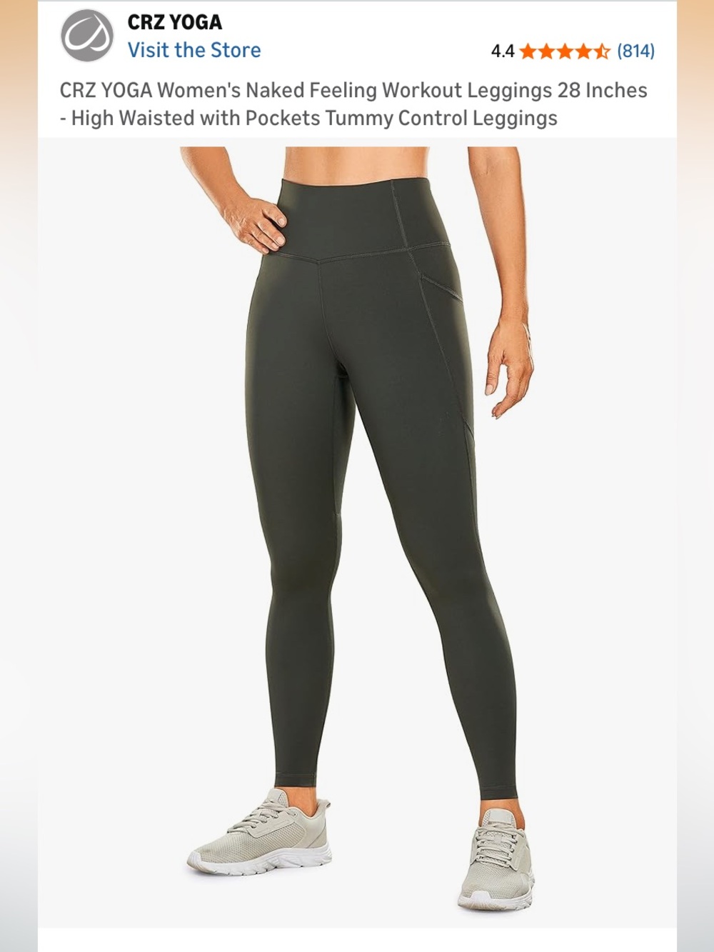 CRZ Yoga Women’s High-Waisted Running Leggings with Pockets in Olive Grey